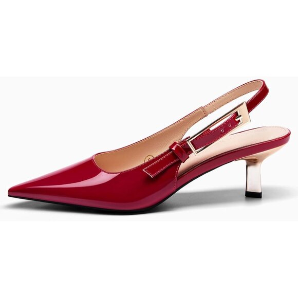 Women's Red Slingback Kitten Heels Closed Pointed Toe Pumps Buckle Strap - Picture 2 of 5